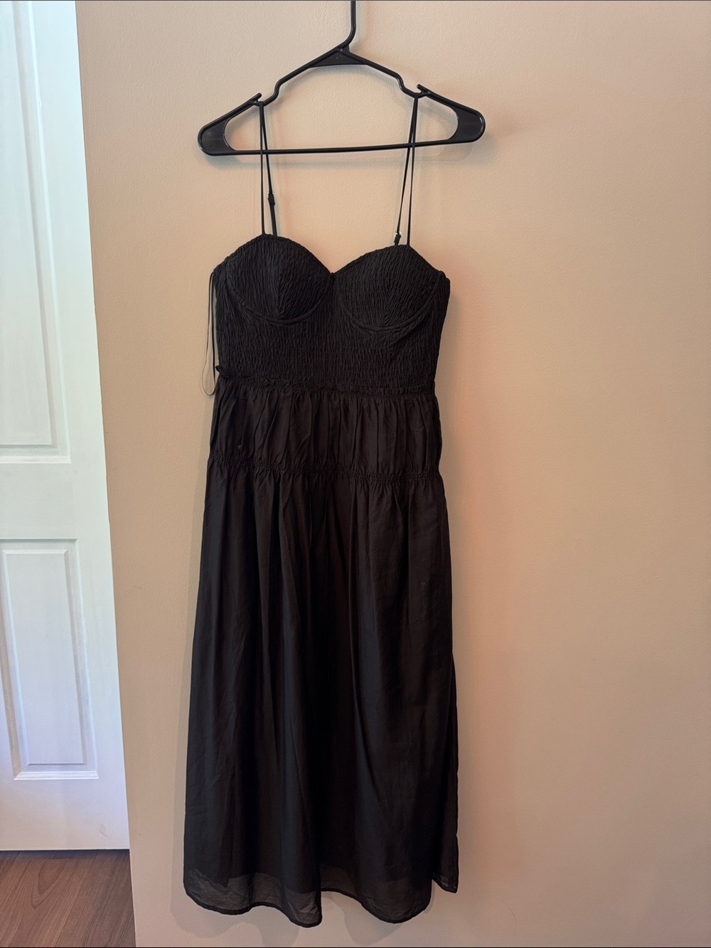 Crescent Black Smocked Bust Midi Dress with Spaghetti Straps